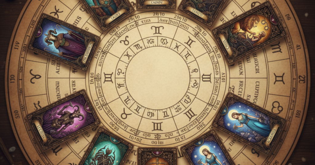 Tarot cards and astrology birth chart showing how astrology and tarot work together