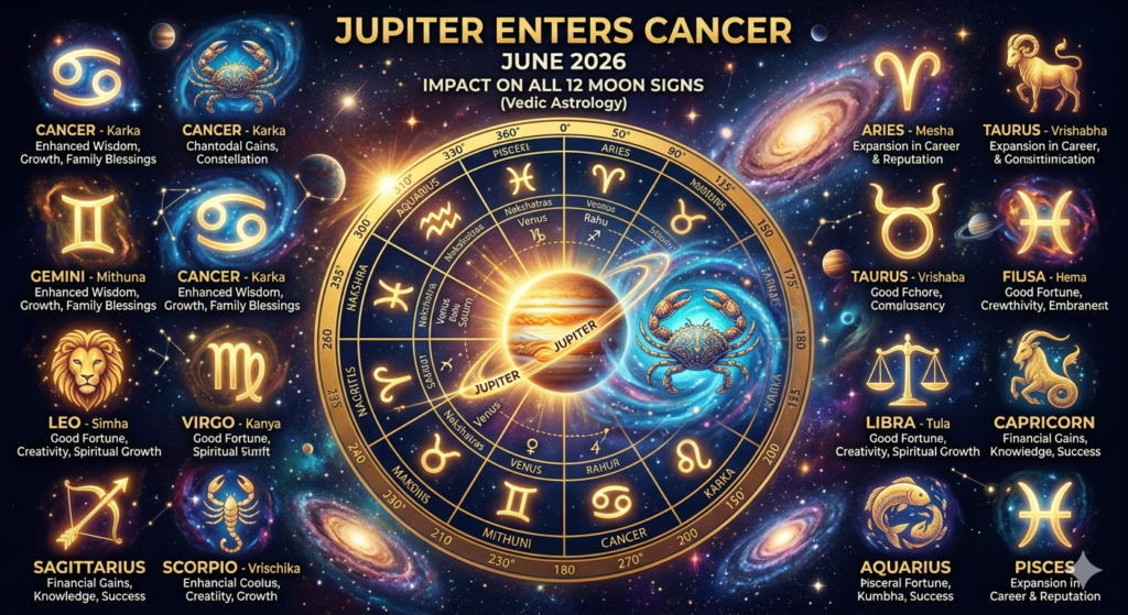 Jupiter enters Cancer June 2026 showing impact on all 12 Moon signs in Vedic astrology